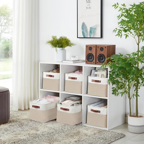 DECOMOMO Storage Bins, Large Fabric Storage Baskets for Shelves, Decorative Linen Closet Organizer, 15 x 11 x 9.5 inches (Beige & White, 1 Pack) - color: Beige and White, size: Large/1P