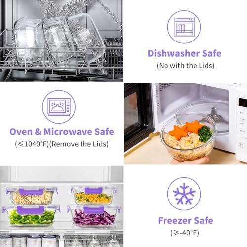 34pcs Glass Food Storage Containers with Lids Set, Airtight Glass Meal Prep Containers (17 Containers & 17 Lids), Leak Proof Lunch Container BPA-Free, Microwave, Oven, Freezer, Dishwasher Safe-Purple - color: PURPLE