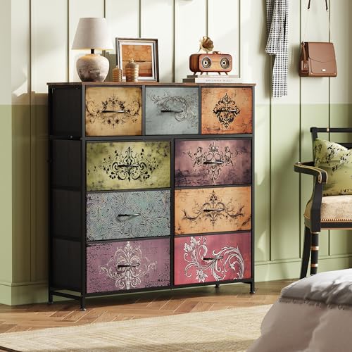 WLIVE 9 Drawer Dresser, Fabric Storage Tower for Bedroom, Hallway, Closet, Tall Chest Organizer Unit for Bedroom with Fabric Bins, Steel Frame, Wood Top, Easy Pull Handle, Pattern - color: Pattern