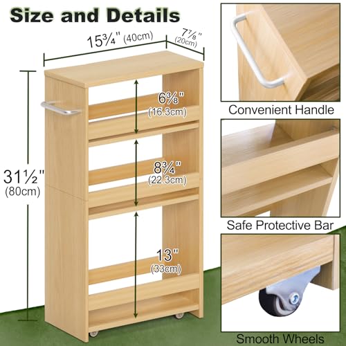 MARTY Rolling Storage Cart 7.9" W, 4-Tier Kitchen Cart with Wheels Handle, Slim Storage Cart Mobile Shelving Utility Carts for Bathroom Laundry Room Organization Narrow Places (Maple) - color: Maple, size: 7.9"D x 15.75"W x 31.5"H