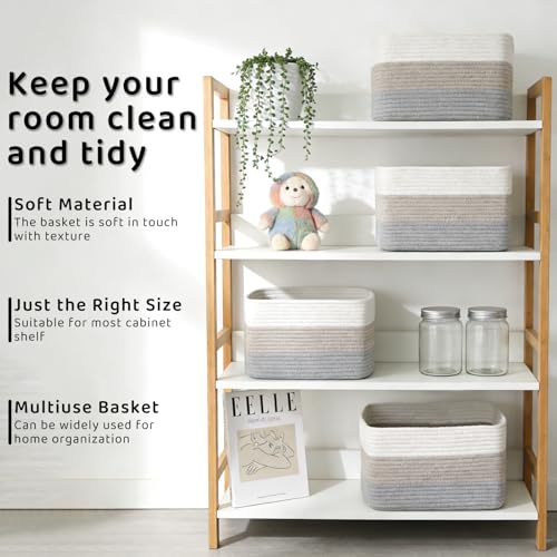 4 Pack Storage Baskets for Organizing, 12''Lx9''Wx8''H Woven Baskets for Storage Toys, Towels, Books, and Clothes, Cotton Rope Basket for Shelves with Handle (White & Grey) - color: White & Grey