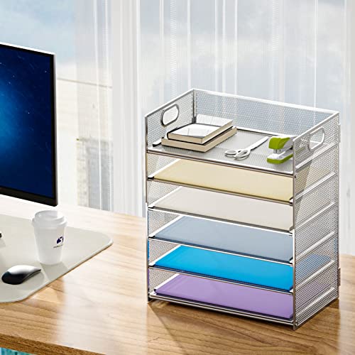Marbrasse Paper Letter Tray - 6 Tier Mesh File Organizer with Handle, Paper Sorter for Letter/A4 Office File Folder Holder - Silver - color: 6 Tier - Silver