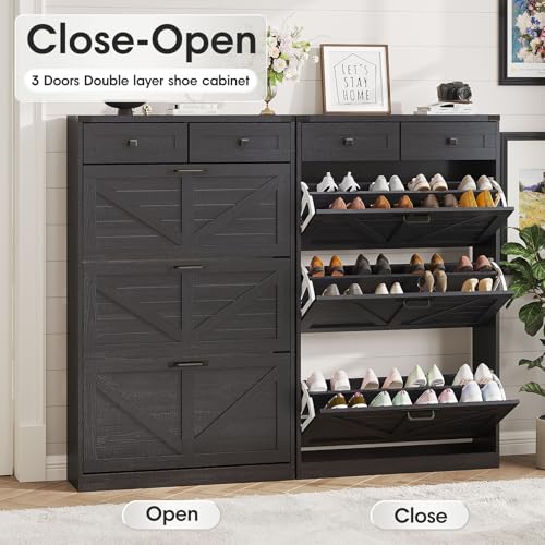 Halitaa Shoe Cabinet with 3 Flip Drawers & 2 Drawers,Freestanding Shoe Storage Cabinet for Entryway,Farmhouse Narrow Slim Organizer Rack for Foyer,Hallway,Black - color: Black, style: 3-Drawers