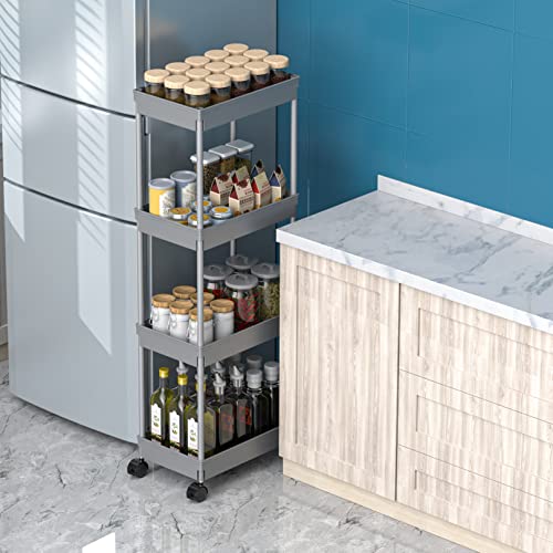 Sooyee 4 Tier Wide Storage Cart Mobile Shelving Unit Organizer Slide Out Storage Rolling Utility Cart Tower Rack for Kitchen Bathroom Laundry, Plastic & Stainless Steel,Grey - color: Gray, size: Wide