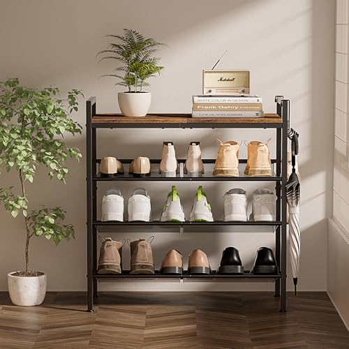 4 Tier Shoe Rack, Shoe Rack for Entryway with Hook, Shoe Organizer with Adjustable Mesh Shelves, Metal Shoe Storage, Closet, Bedroom Living Room Garage - size: 4 Tier