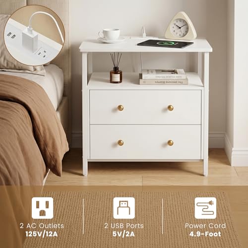 Edbuosy 27 inch Wide Night Stand with Charging Station, Bedside Table with Open Shelf, 2 Drawers Small Wood Dresser, Modern Wood Nightstand for Bedroom/Living Room (White) - color: White, size: 2 Drawers