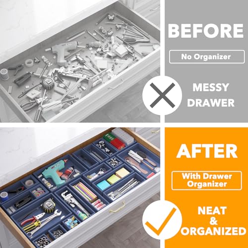SpaceAid 21-Piece Bamboo Drawer Organizer Storage Boxes Set, Wood Tray Junk Drawer Organizers Multi-Use Divider Bins for Kitchen, Bathroom, Office Desk and Makeup Organization (21 Pack, Navy Blue) - color: Navy Blue