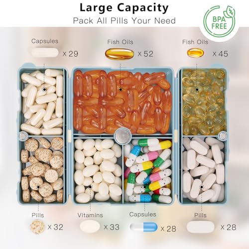 FYY 2 Pcs Daily Pill Organizer, 7 Compartments Portable Pill Case Travel Pill Organizer,[Folding Design] Pill Box for Purse Pocket to Hold Vitamins,Cod Liver Oil,Supplements and Medication-Blue - color: Blue, size: Large (1 Piece), Small (1 Piece)