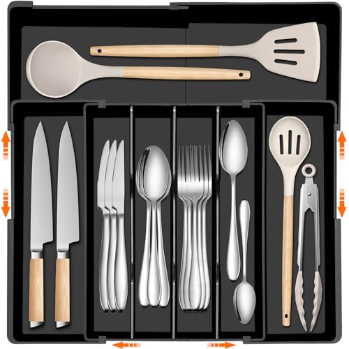 Spaclear Large Kitchen Silverware Organizer - Expandable 17.2" x 17.9" Adjustable Drawer Tray, 4-7 Compartments for Maximum Storage, BPA-Free, Black,L - color: Black, size: L(10.2-17.2"W x 13.2-17.9"D)