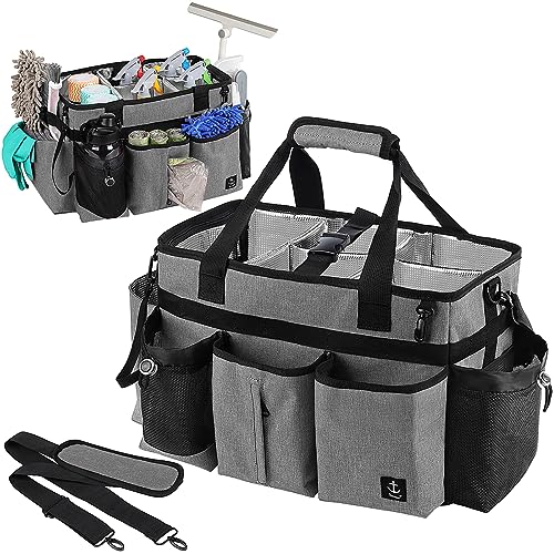 Large Cleaning Caddy Bag Built-in Sturdy Support Board, Cleaning Organizer with Detachable Divider, Cleaning Supply Tote with Adjustable Shoulder Strap&Waist Belt for Cleaners & Housekeeper - color: Grey