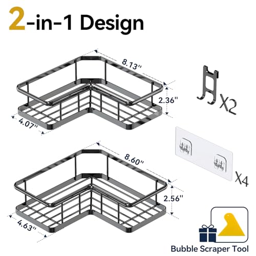 YASONIC Corner Shower Caddy 2 Pack, No Drill Adhesive Shower Storage Shelves, Rustproof Stainless Steel Wall Mounted Bathroom Organizer Shelf with 2 Removable Hooks for Dorm & Renters, Black - color: Black, size: 2Pack