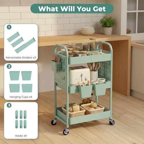 danpinera Rolling Cart, Movable Utility Organizer with Retractable Dividers & Pegboards for Kitchen, Bathroom, Office - color: Green, size: with Dividers