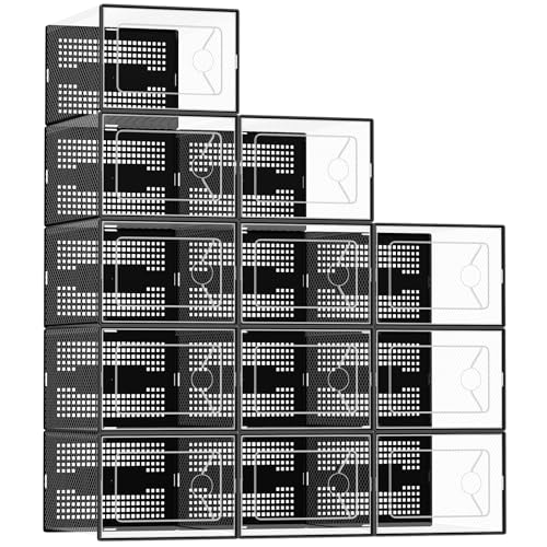 DUMOS Shoe Storage Boxes, 12-Pack Stackable Clear Shoe Containers with Lids, Display Sneaker Case Organizer for Closet, Under Bed, Entryway,Black (Fit Size 9) - color: Black, size: 12 PCS & Fit Size 9