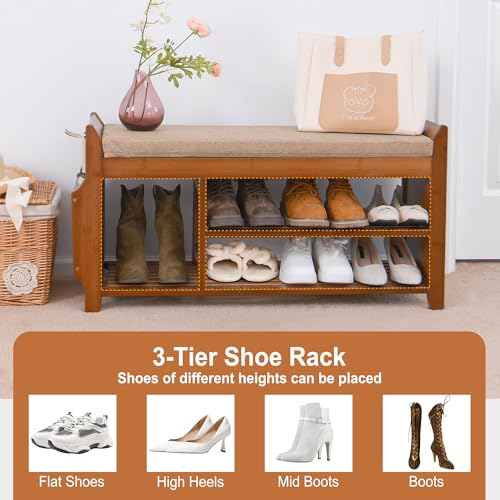 PETKABOO Shoe Bench with Hidden Drawer and Side Holder, 2 Tier Entryway Bench with Storage 39.4 in, Bamboo Shoe Rack with Cushion for Entryway Hallway Living Room Bedroom - size: 39.4 in