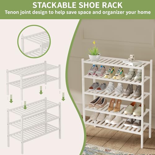 ROMGUAR CRAFT 3 Tier Bamboo Shoe Rack for Closet Free Standing Wood Shoe Shelf Storage Organizer for Entryway Small Space Stackable 27"x11"x20" (White) - color: White, size: 3 Tier