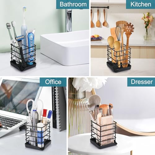 Toothbrush Holders for Bathrooms, Stainless Steel Bathroom Toothbrush Holder Kids Electric Tooth Brushing Holder Stand and Toothpaste Holder for Bathroom Accessories Organizer with Tray, Black (Small) - size: Small