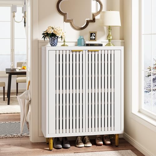 Tribesigns 6-Tier Shoe Cabinet with Shutter Doors, Large Wooden Shoe Organizer Rack with Adjustable Shelves, Modern Farmhouse Hidden Storage Furniture for Entryway, Hallway (White) - color: White