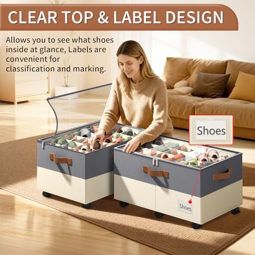 Foyego Shoe Organizer for Closet, Shoe Storage Organizer with Wheels and Adjustable Dividers, Stackable Shoe Storage Box with Clear Cover, Closet Shoe Organizer Fits up to 24-48 Pairs, Gray and Beige - color: Gray and Beige, size: 25 ½"L x 17"W x 12 ½"H