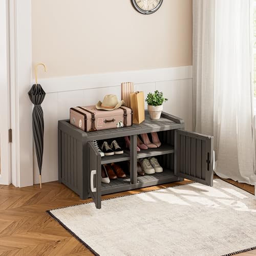 KAMABOKO Shoe Storage Cabinet Waterproof UV-Resistant, Entryway Storage Bench Indoor Outdoor with 2 Barn Doors, Adjustable Shelves for Entryway, Bedroom, Hallway,Living Room(Classic Grey) - color: Classic Grey, size: Double Door