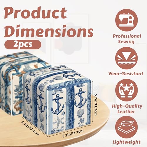 2 Pcs Tissue Box Cover Square,Anchor Starfish Tissue Box Holder Leather Facial Paper Organizer Dispenser for Bathroom Kitchen Bedroom Night Stand Office Desk - color: Anchor Starfish