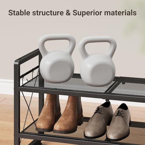 ELYKEN Shoe Rack, 4-Tier Expandable Shoe Organizer for Entryway, Metal Black Shoe Shelf with 4 Hooks, Adjustable Shoe Stand Holder for Closet, Garage, Door Entrance - size: 4-Tier
