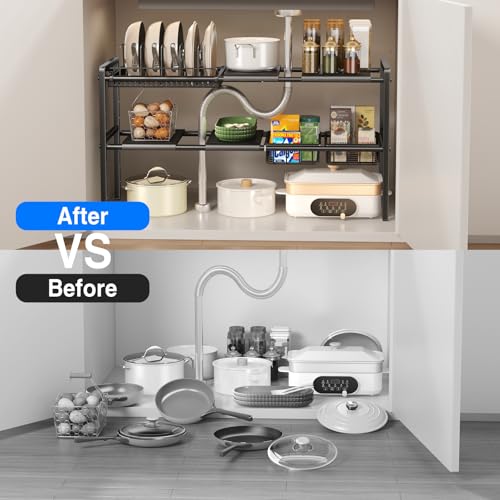 Mustorn Pots and Pans Organizer Under Cabinet, Expandable 2 Tier Under Sink Organizers Storage Adjustable Height Kitchen Pot and Pan Lid Holder Rack with 6 Dividers(4panels,2baskets,1 Pot rack,Black) - size: 4panels &2baskets &1 pot rack-2 Tier