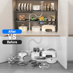 Mustorn Pots and Pans Organizer Under Cabinet, Expandable 2 Tier Under Sink Organizers Storage Adjustable Height Kitchen Pot and Pan Lid Holder Rack with 6 Dividers(4panels,2baskets,1 Pot rack,Black) - size: 4panels &2baskets &1 pot rack-2 Tier