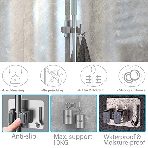homeasy Mop Broom Holder No Drill, Mop Broom Organizer Wall Mounted Heavy Duty with Hooks Hanger, Self Adhesive Stainless Steel 4Pcs for Bathroom, Kitchen, Office (Silver) - color: Silver
