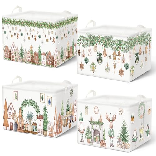 4 Pack Christmas Storage Bin Collapsible Large Christmas Storage Baskets for Gifts Xmas Tree Canvas Laundry Basket Foldable Box with Handle for Office Home Bedroom Clothes Toys Holiday Decor - style: Neutral Wind
