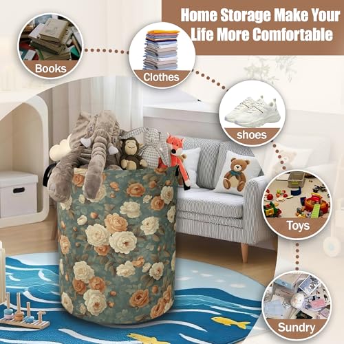 Vintage Rose Flower Laundry Hamper,Retro Floral Collapsible Laundry Baskets Waterproof Oxford Cloth With Handles,Clothes Storage Bucket Toy Organizer For Bathroom/Nursery/Bedroom 16" x 20.8" - color: Vintage Rose Flower ,Retro Floral
