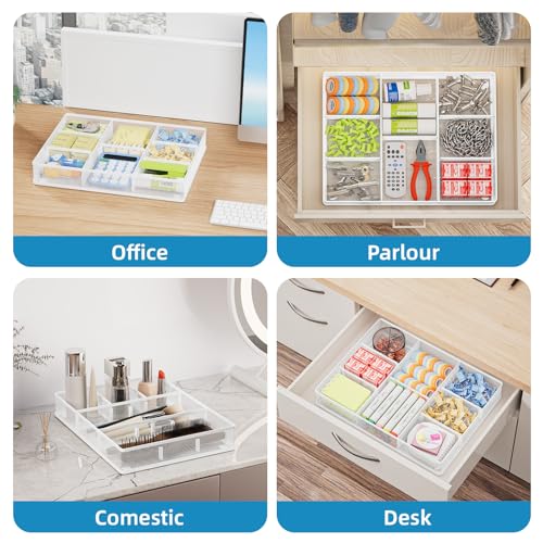 Marbrasse 2P Desk Drawer Organizer, Metal Mesh Drawer Organizer Tray with 5 Adjustable Compartments,Desk Organizers and Accessories for Home,Office,Kitchen,Makeup,Vanity (White) - color: 2Pack White