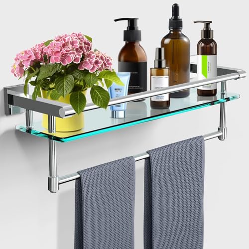 Bathroom Glass Shelf with Towel Rack Organizer Wall-Mounted Bathroom Storage SUS304 Stainless Steel Towel Bar/Track Wall-Mounted Tempered Glass Shelves (Chrome Polished, 20-inch) - color: Chrome Polished, size: 20-inch with Railing