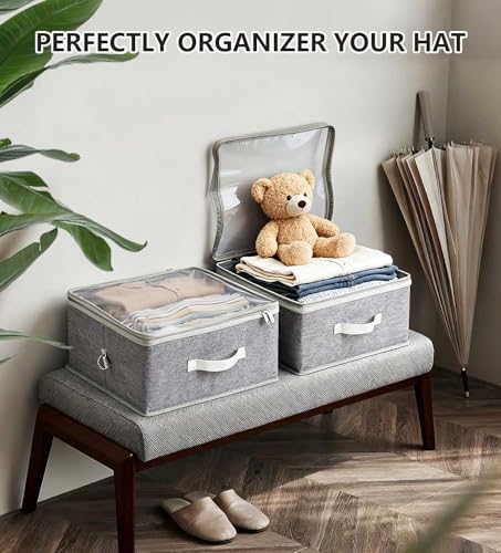 Livelab Fabric Storage Bins for Shelves with Clear Lid, 2-Pack Stackable Closet Organizer Basket with Handles, Foldable Storage Cubes Boxes for Organizing for Clothes, Towels, Books | Gray