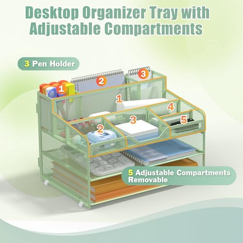 Docnest 3 Tier Mesh Desk Organizer for Paper Office Supplies – Multi-Functional Letter Tray with 5 Adjustable Compartments, 3 Pen Holders, Desktop Storage for Files, Mail, Stationery – Green - color: Green, size: 12.7" x 9.1" x 8.6"