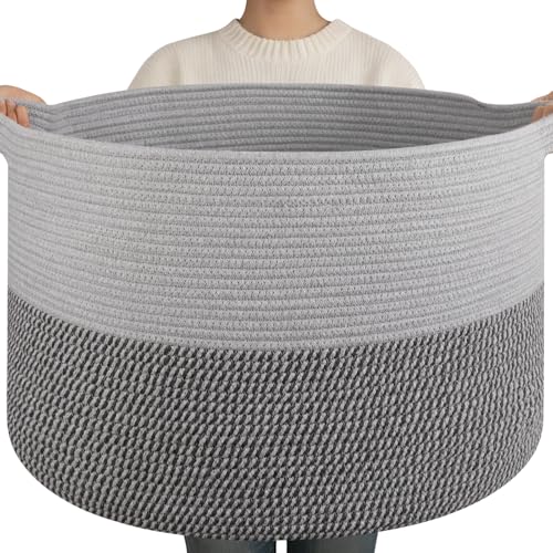 OIAHOMY 90L XXXLarge Blanket Basket for Living Room, 21.7" x 13.8" Woven Cotton Rope Laundry Basket for Organizing Pillows, Decorative Stuffed Animal Toy Storage for Nursery, Lighe Grey and Dark Grey - color: Light Grey and Dark Grey, size: 21.7"D x 13.8"