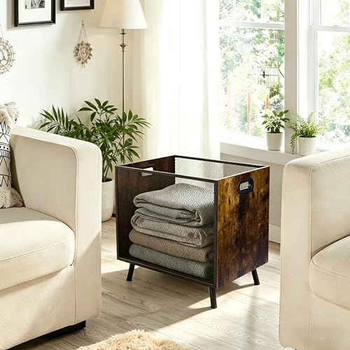 Blanket Storage, Laundry Hamper Laundry Basket With Rustic Industrial Design, Blanket Basket For Living Room, Wood And Metal Mesh Construction