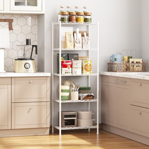 HOMEFORT 5-Shelving Unit, Adjustable Wire Shelving, Metal Wire Shelf Rack Organizer for Kitchen, Pantry, Closet, Bathroom, Laundry, White,21" W x 11" D x 53" H - color: White, size: 21"W x 11"D x 53"H