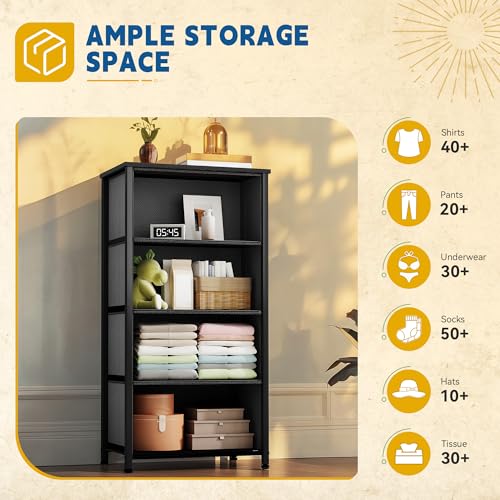 DWVO 4 Drawers Dresser, Dresser for Bedroom, Fabric Storage Tower, Chest of Drawers, Organizer Unit for Closets, Living Room, Sturdy Steel Frame, Wooden Top, Easy Pull Fabric Bins - color: B - Black Wood Grain Ash, style: 4-Drawer