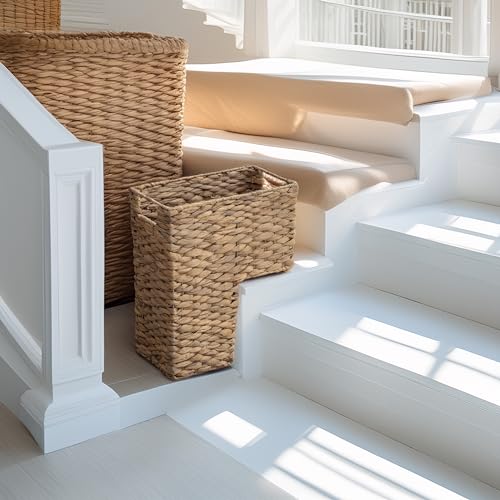 YAHUAN Stair Basket with Handles, Woven Water Hyacinth Stair Baskets for Carpeted Stairs, Stair Storage Basket Staircase Basket for Wooden Stairs (Water Hyacinth)