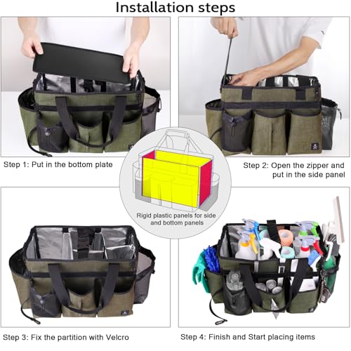 Large Cleaning Caddy Bag Built-in Sturdy Support Board, Cleaning Organizer with Detachable Divider, Cleaning Supply Tote with Adjustable Shoulder Strap&Waist Belt for Cleaners & Housekeeper - color: Green