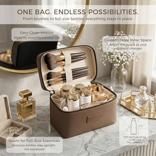 Makeup Bag Vanity Case for Women – Portable Cosmetic Bag Makeup Bag Organizer Travel Toiletry Bag with Removable Divider - color: Khaki