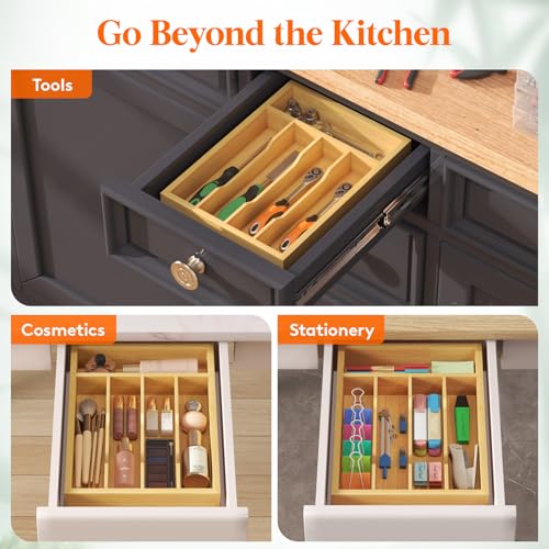Lifewit Silverware Drawer Organizer, Utensil Tray for Kitchen, Flatware and Cutlery Holder, Storage for Spoons Forks Knives, 8.6 x 12.5", Natural - size: 8.6''W x 12.5''D