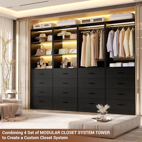 Aheaplus Closet Drawers Organizer System, 21.3" Wood Closet System with 4 Drawers, Modular Walk-in Closets Storage Unit, Tall Bookshelf Storage Cabinet, Black - color: Black