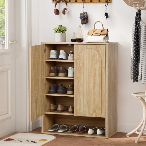 Shoe Cabinet, 5 Tier Wooden Shoe Storage Organizer Cabinet with Adjustable Shelves, Shoes Rack Accent Cabinet for Entryway Hallway Living Room, Natural - color: Natural