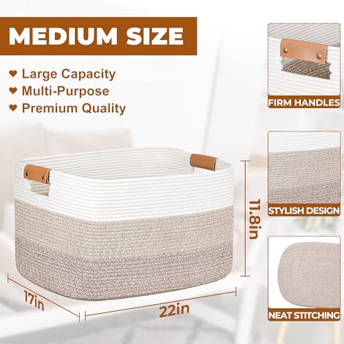 danpinera Blanket Basket, 72L Woven Storage basket with Leather Handle, Eco-friendly Decorative Storage Organization in Bathroom & Living Room for Towels 22 ''*17 ''*11.8 '', Gradient Brown - color: Gradient Brown, size: 72L