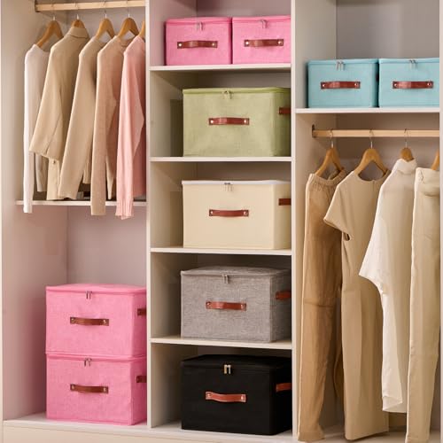 Storage Bin Box with Zippered Lid Cotton Linen Fabric Decorative Basket PU Leather Handles PP Plastic Board Foldable Lidded Clothing Shelf Closet Organizer Container (Light Green, Large) - color: Light Green, size: Large ( Pack of 1 )