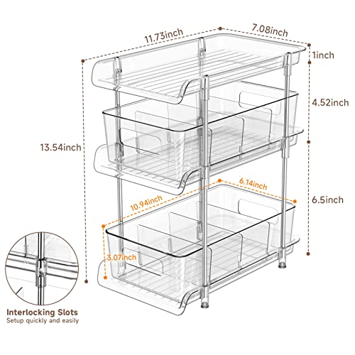 2Set 3 Tier Clear Bathroom Organizer with Dividers, Pull-Out Pantry Organization and Storage, Multi-Purpose Under Sink Organizers and Storage, Vanity Skincare Cosmetic Closet Organizer Medicine Bins - color: Transparent
