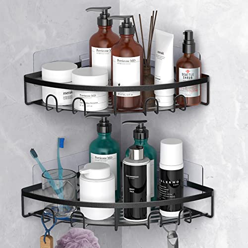 Corner Shower Caddy, 2 Pack Adhesive Bathroom Shower Corner Organizer Shelf, No Drilling Rustproof Wall Mounted Shower Storage Rack Shampoo Holder Organizer (Black) - color: Black