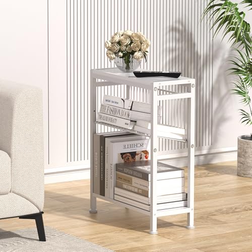 End Table for Small Space, 3-Tier Narrow Side Table with Magazine Holder,Small Nightstand, Skinny Snack Couch Table in Living Room, Bedroom Study and Balcony (White) - color: White
