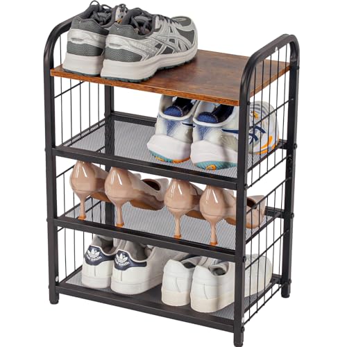 Shoe Rack, 4-Tier Shoe Organizer with Guardrails, Heavy-Duty Metal Mesh Shelves & Rustic Wooden Top for Stylish Closet & Front Door Storage - size: 17.32" X 10.24" X 23.03"